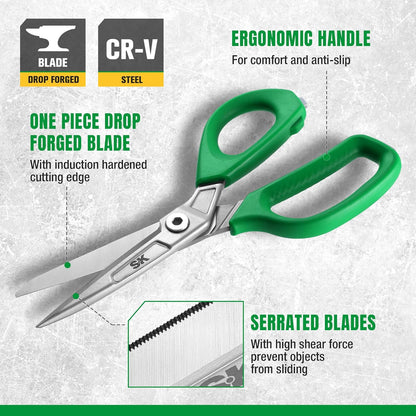 SK 9" Heavy Duty Scissors, All Purpose Shears, Premium CR-V Steel Construction, One Piece Drop Forged Blades, Ergonomic Handle for Comfortable Grip