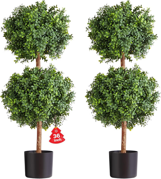 VEVOR Artificial Topiary Boxwood Double Ball, 2 Set 36 inch Faux Boxwood Plant Balls, Fake Silk Tree Look Real, Easy Assembly for Decor Front Porch Outdoor Patio Garden Balcony Backyard Indoor