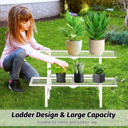 2 Tier Metal Foldable Plant Stand Outdoor Indoor Waterproof, Stackable Heavy Duty Outdoor Plant Shelf, Ladder Plant Stands Display Rack for Garden Window, White