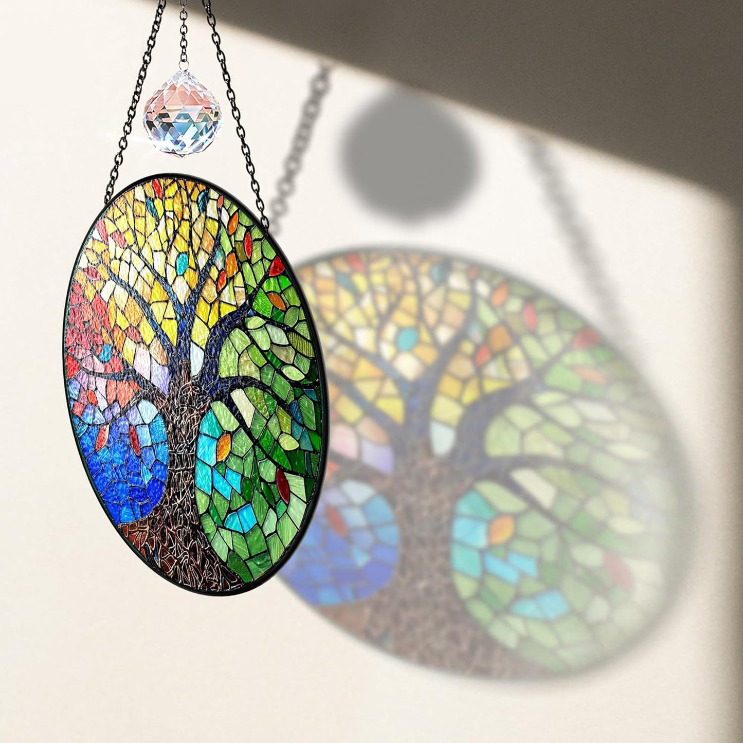 7.8" Tree of Life Stained Glass Suncatcher, Colorful Tree Sun Catcher Window Hanging Ornament, Glass Panel Decor for Home Garden Housewarming, Spiritual Birthday Gifts for Mom Women Girl ART-58E-SG8