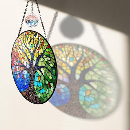 7.8" Tree of Life Stained Glass Suncatcher, Colorful Tree Sun Catcher Window Hanging Ornament, Glass Panel Decor for Home Garden Housewarming, Spiritual Birthday Gifts for Mom Women Girl ART-58E-SG8