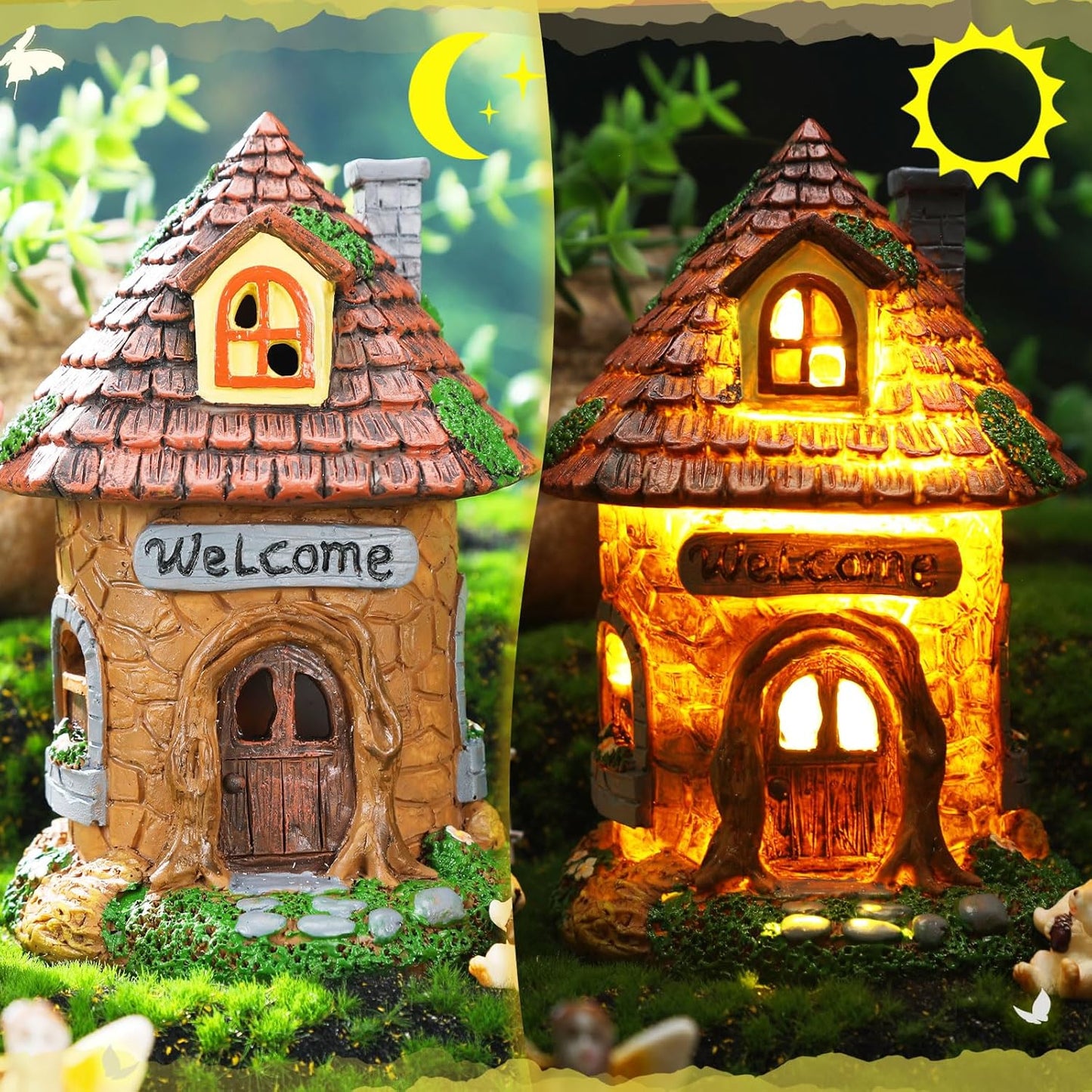 Leyndo 28 Pcs Solar House Garden Accessories Fairy Light up Fairy Figures Garden Kit Resin Miniature Mushroom House Figures Micro Landscape Ornaments (Fresh)