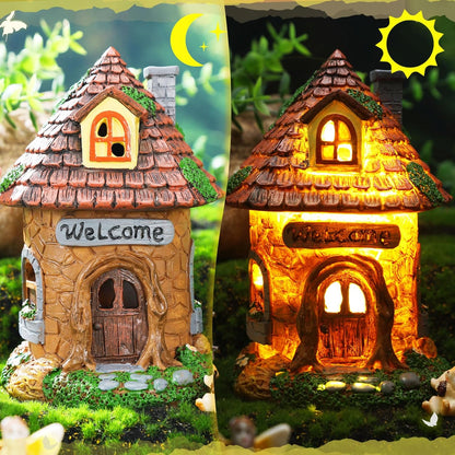 Leyndo 28 Pcs Solar House Garden Accessories Fairy Light up Fairy Figures Garden Kit Resin Miniature Mushroom House Figures Micro Landscape Ornaments (Fresh)