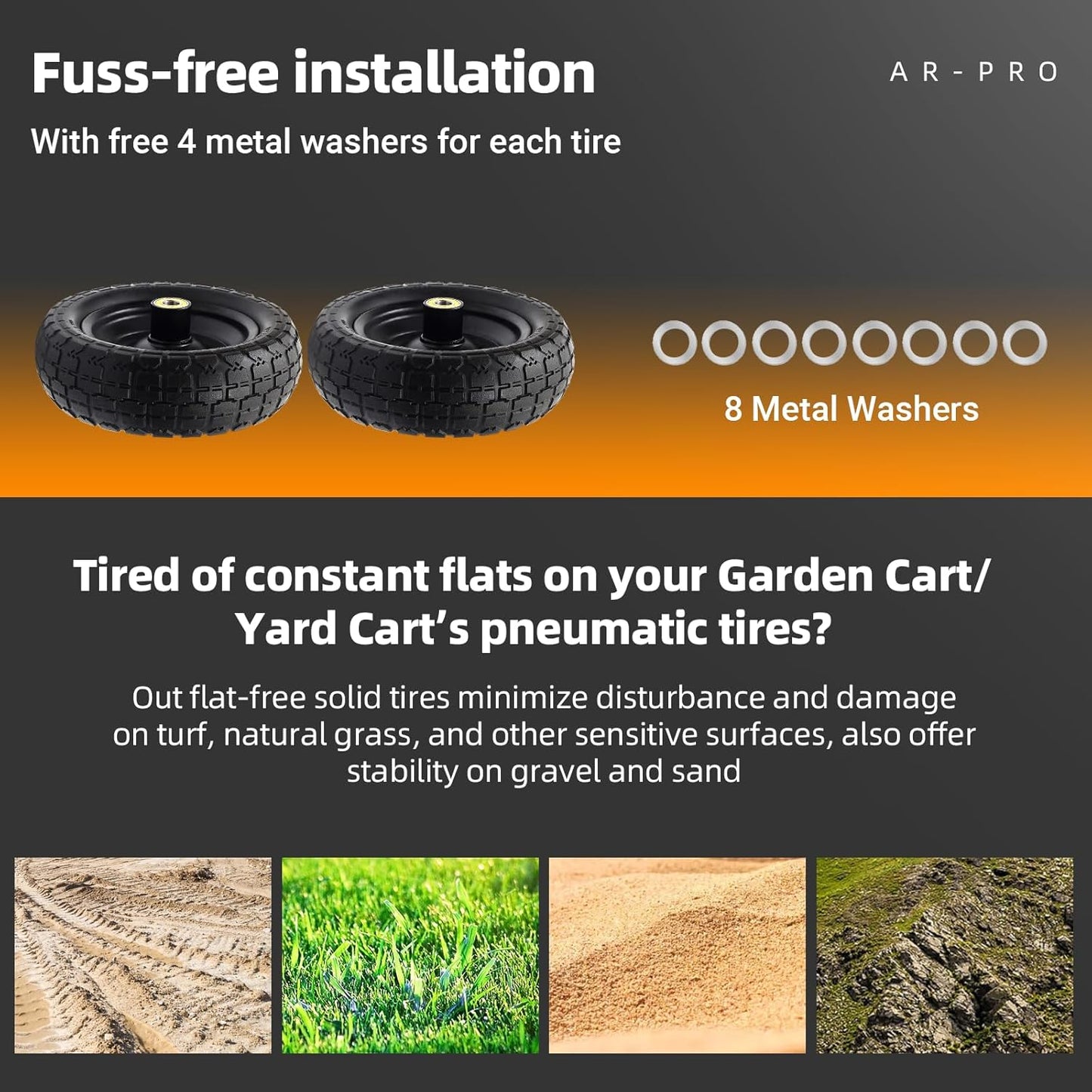 AR-PRO (2-Pack) 10" Flat Free Solid Tire and Wheel - with 5/8" Axle Bore Hole, 2.1" Offset Hub for 10 Inch Wheelbarrow Wheels - Compatible with Garden Cart,Trolleys,Hand Trucks and Yard Trailers