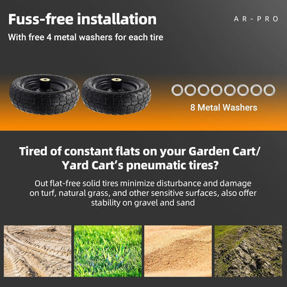 AR-PRO (2-Pack) 10" Flat Free Solid Tire and Wheel - with 5/8" Axle Bore Hole, 2.1" Offset Hub for 10 Inch Wheelbarrow Wheels - Compatible with Garden Cart,Trolleys,Hand Trucks and Yard Trailers