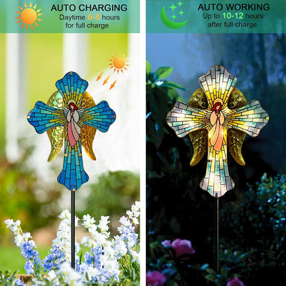 WAIU 33 Inch Solar Cross Garden Light Outdoor Decorative - Solar Acrylic Jesus and Metal Angel Wings Stake Light Waterproof Warm White LED for Remembrance Gifts & Sympathy Gifts.