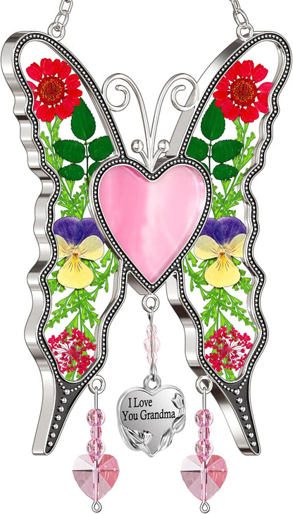 KY&BOSAM Heart Butterfly Suncatcher I Love You Grandma Stained Glass Panels Pink Heart for Windows Wind Chimes Metal Engraved Charm Gifts for Grandma Mothers Day Valentine's Birthday Christmas