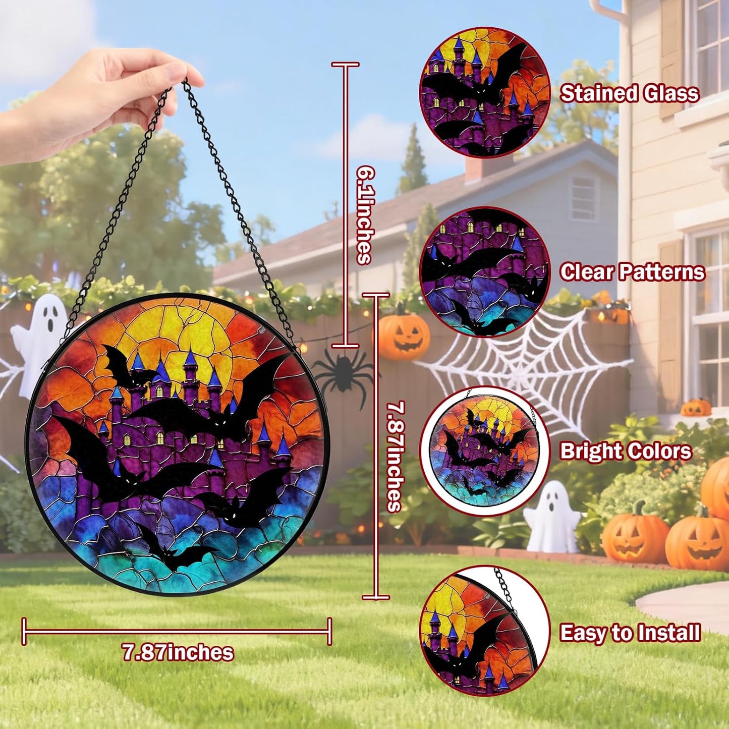 Halloween Stained Glass Window Hanging, Bat Suncatcher for Window Hanging, Moon Sun Catchers Indoor Windows Wall Art, Gifts for Bat Lovers, Christmas Decor, for Home Garden Office 7.87 inches