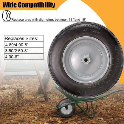 Universal Wheelbarrow Tire Flat Free 14.5"D x 3.2"W, Fits 4.80/4.00-8, 3.50/2.50-8, 4.00-6, 4.00-8 Wheelbarrow Wheels, installed 5/8" Bearing with Extra 3/4" Bearing,3"- 6" Center Hub (2 Pack)