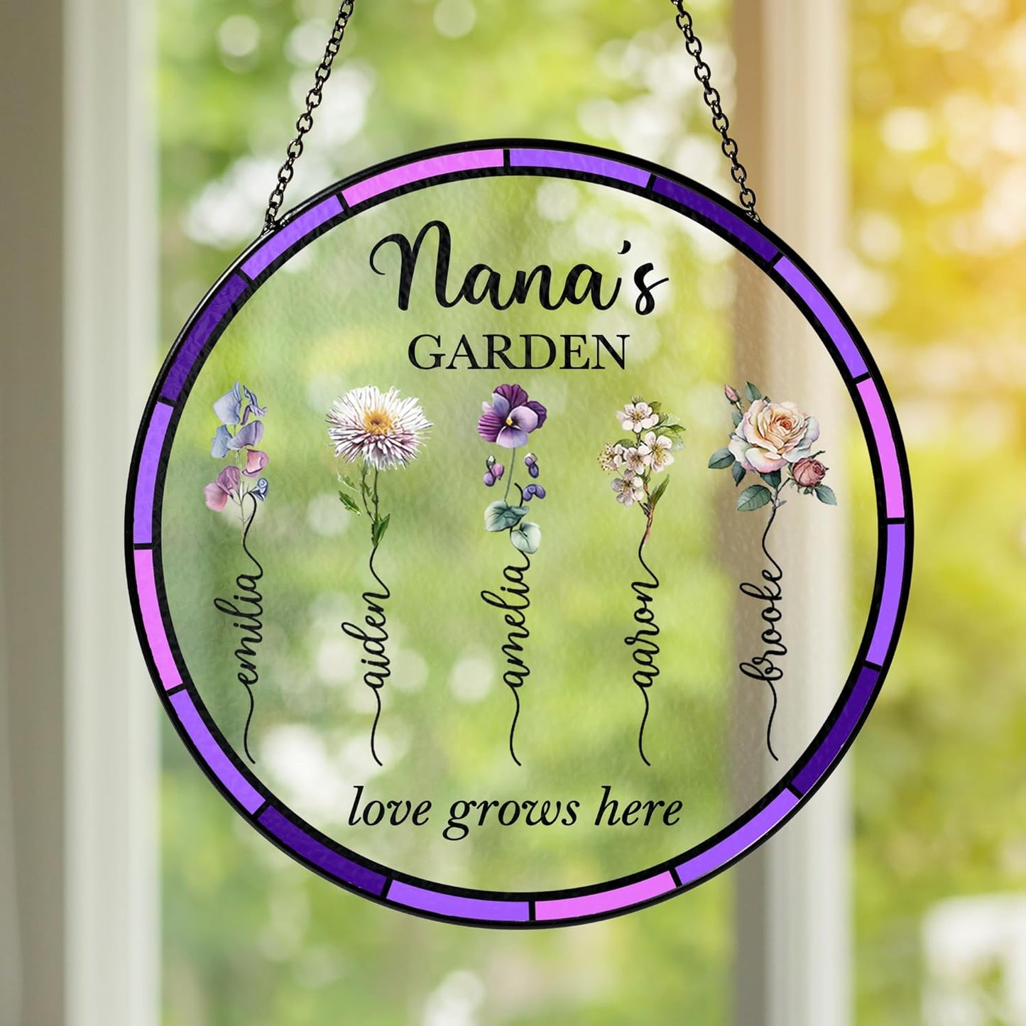 NAZENTI Personalized Nana's Garden Stained Glass Suncatcher with Birth Month Flowers, Custom Grandma's Garden Window Hanging Ornament, Mothers Day Grandma Mom Gifts, Gifts for Nana Mimi