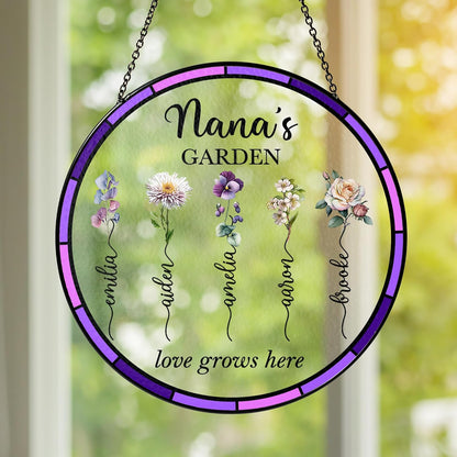 NAZENTI Personalized Nana's Garden Stained Glass Suncatcher with Birth Month Flowers, Custom Grandma's Garden Window Hanging Ornament, Mothers Day Grandma Mom Gifts, Gifts for Nana Mimi