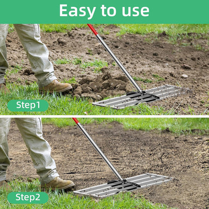 Lawn Leveling Rake 30"x10", Heavy-Duty Stainless Steel Yard Leveling Rake, Professional Soil Leveling Tool for Pastures, Golf Lawns, Gardens, Yards (Silver)