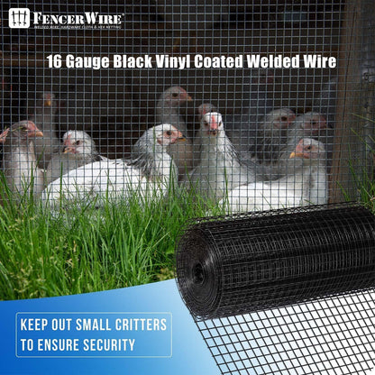Fencer Wire Hardware Cloth with 1-Inch Grid, 16 Gauge Black Vinyl Coated Welded Fence Mesh Roll for Home and Garden Fence and Pet Enclosures Protect (36 Inch x 50 ft.)