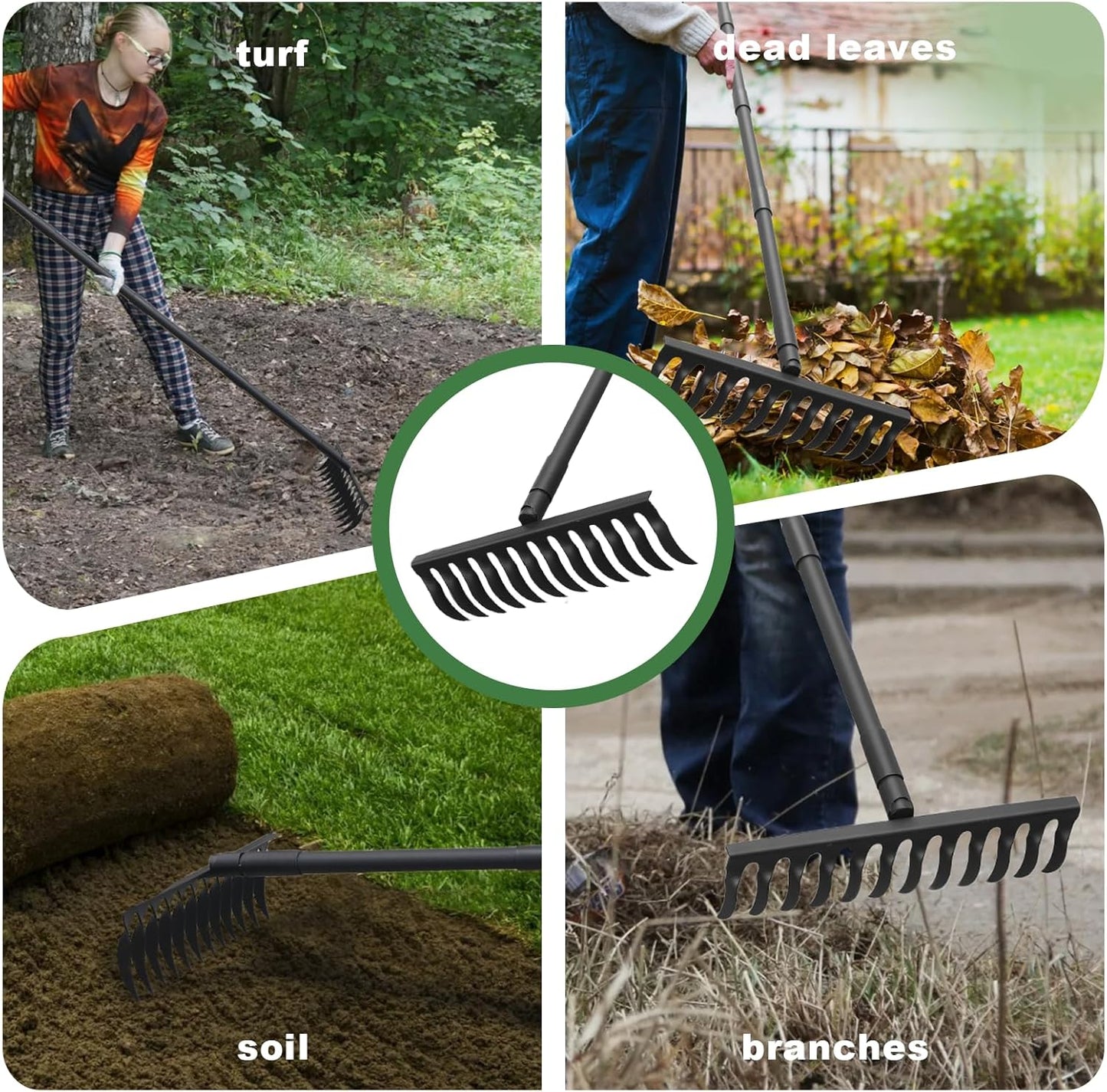60" Bow Rake 12 Tines Metal Head Rakes with Adjustable Handle, Thatch Rake for Gathering Thatch Loosening Soil Leveling Lawn Farming Land