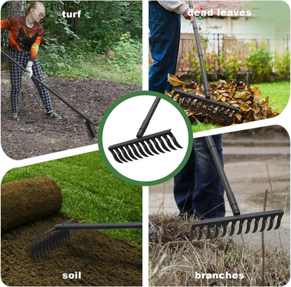 60" Bow Rake 12 Tines Metal Head Rakes with Adjustable Handle, Thatch Rake for Gathering Thatch Loosening Soil Leveling Lawn Farming Land