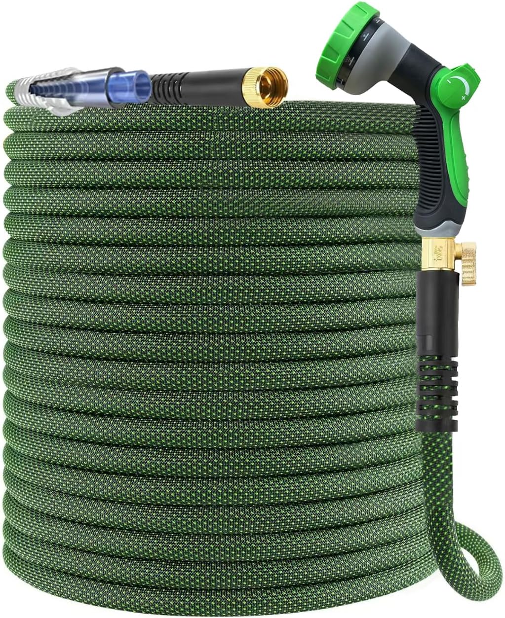 100Ft Non-Expandable Garden Hose, Flexible Water Hose with 10-Pattern Spray Nozzle, Lightweight Hose Pipe, Kink-Free, Leak-Proof, 3/4" Solid Metal Fittings (Green)