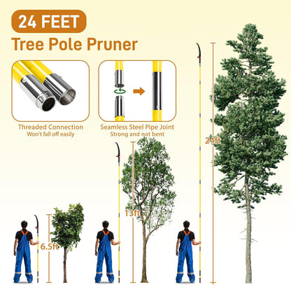 Outvita Manual Pole Saw, 24 Feet Extendable Tree Pruner with Knives and Storage Pocket, Sharp Steel Blade and Scissors High Branches Trimming for Pruning Palms and Shrubs(Yellow)