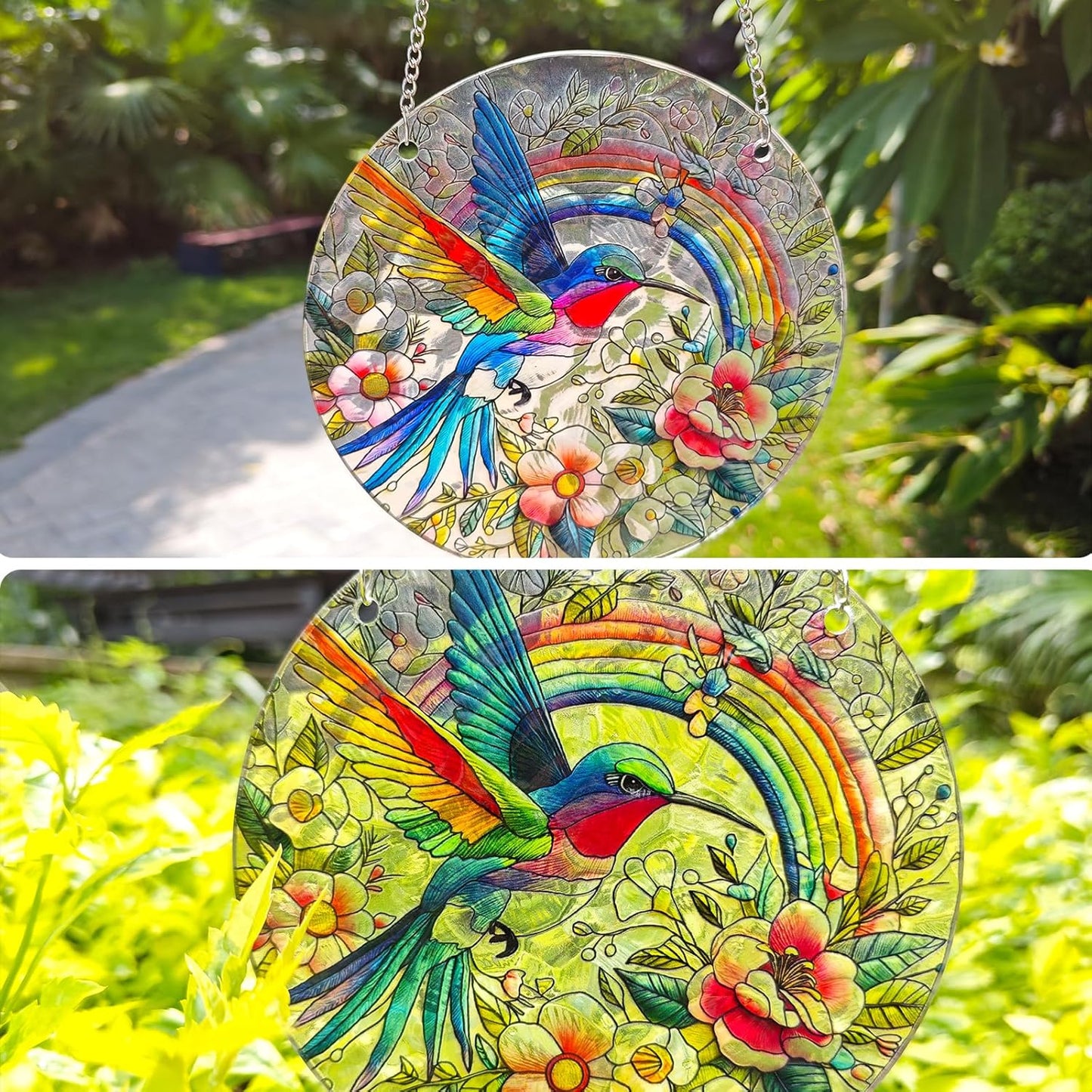 Hummingbird Suncatcher Stained Glass Window Hanging Original Design of Rainbow Hummingbirds Flowers for Sun Catchers Indoor Window Wall Art Home Decor Gift Painted Glass Panel