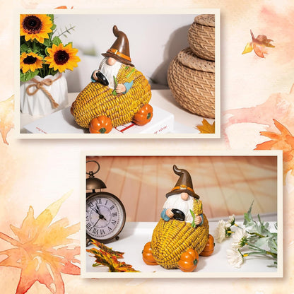 Autumn Gnome Statue Corn Car with Pumpkin Wheel Enchanting Fall Resin Figurine for Thanksgiving Party Home and Outdoor Decor