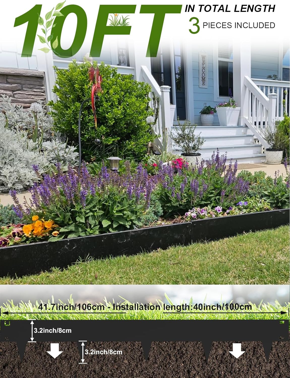 Landscape Edging Border, 40" L x 6" H 3Pack 10FT Total Black Galvanized Steel Garden Edging,Easy Installation,Sturdy Elegant Metal Lawn Broder for Flower Beds, Pathways, Paver Edges and Yard