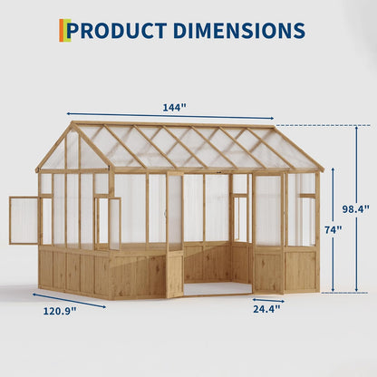 10X12 FT Heavy Duty Wooden Greenhouse for Outdoor - Walk-in Green House Kit with 6mm Polycarbonate, Ventilated Window & Lockable Door for Backyard, Patio, Lawn