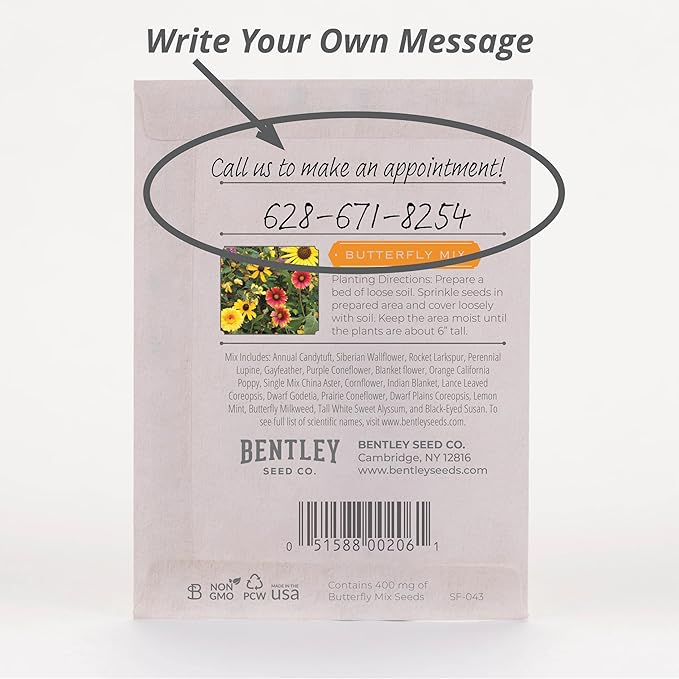 Bentley Seeds Grow with Us Pre Filled Butterfly Mix Seed Packets - 25 Individual Assortment Butterfly Mix Seed Packs for Party Favors Non-GMO Eco-Friendly Summer to Fall Gift - Outdoor Garden Seeds