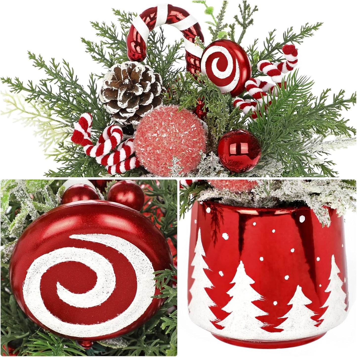Christmas Centerpieces for Tables, Small Christmas Table Arrangements with Ceramic Vase Red & White Winter Holiday Table Centerpiece with Pine Branches Candy Cane Decor for Tabletop Dinner Tables