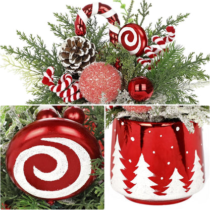 Christmas Centerpieces for Tables, Small Christmas Table Arrangements with Ceramic Vase Red & White Winter Holiday Table Centerpiece with Pine Branches Candy Cane Decor for Tabletop Dinner Tables