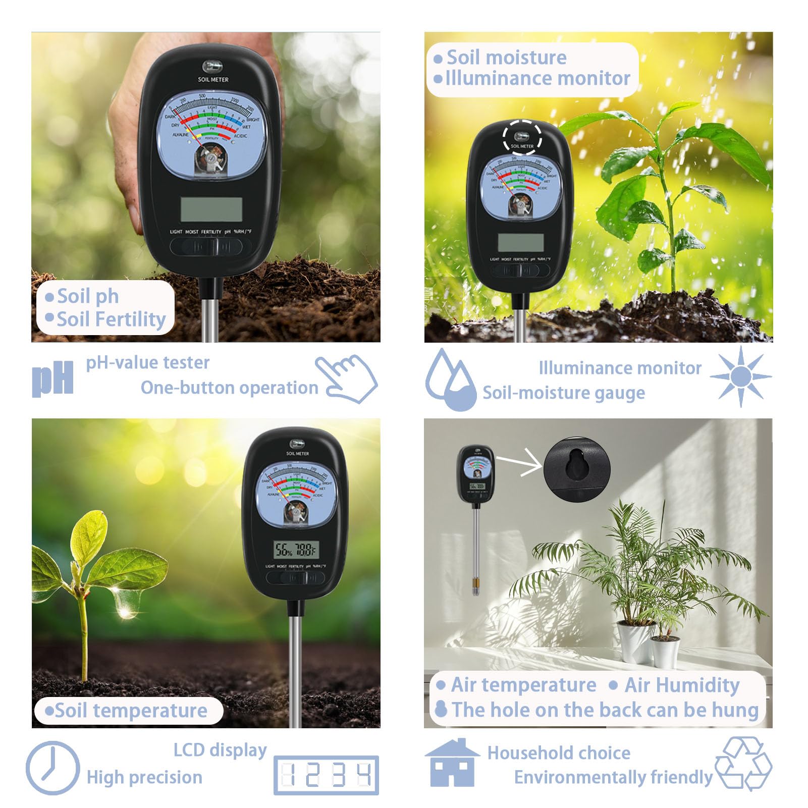 7-in-one Soil Test Kit, Soil Moisture Meter/PH Meter/Sunlight Intensity/Fertility Soil Tester, LCD