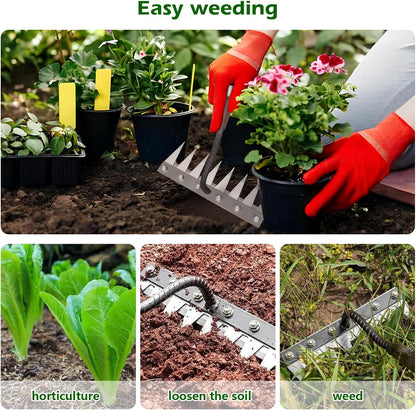 Iron Weeding Rake 2.0, New 5/6/7/8 Teeth Carbon Steel Garden Weeder Rakes, Weeder Puller Tool for Yard Lawn and Garden, Heavy Duty Metal Rake for Lawn, Flower Beds & Soil Aeration(5 Teeth)