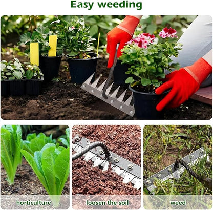 Iron Weeding Rake 2.0, New 5/6/7/8 Teeth Carbon Steel Garden Weeder Rakes, Weeder Puller Tool for Yard Lawn and Garden, Heavy Duty Metal Rake for Lawn, Flower Beds & Soil Aeration (6 Teeth)