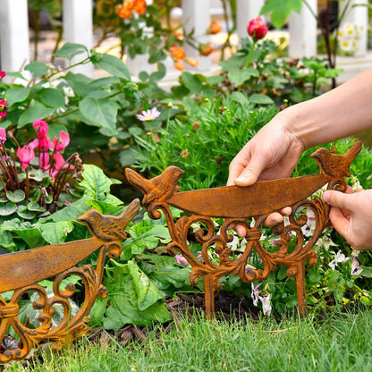 Sungmor Decorative Cast Iron Garden Edging Border, 4 Pack Rustic Brown Landscape Edging Low Picket Fence, 9.9inch Tall Outdoor Flower Bed Lawn Fence Panels, Vintage Metal Yard Decor Stakes