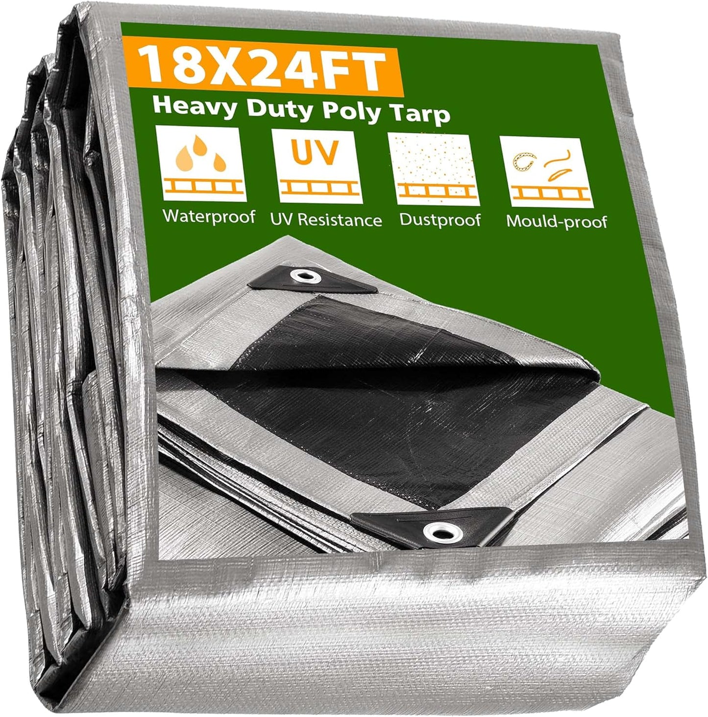 Yescom Tarp Heavy Duty Waterproof 14 Mil 18' x 24' Reinforced Poly Large Tarpaulin Ground Sheet Cover with Grommets for Outdoor Silver & Black