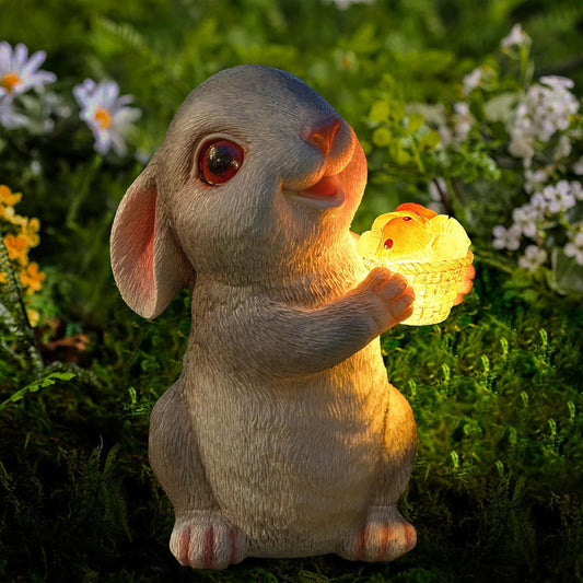 Solar Rabbit Garden Statues Outdoor Bunny Decor Resin Bunny Figurine Holding Mushroom with LED Lights for Porch Patio Lawn Yard Christmas Housewarming Gardening Gifts for Mom Grandma