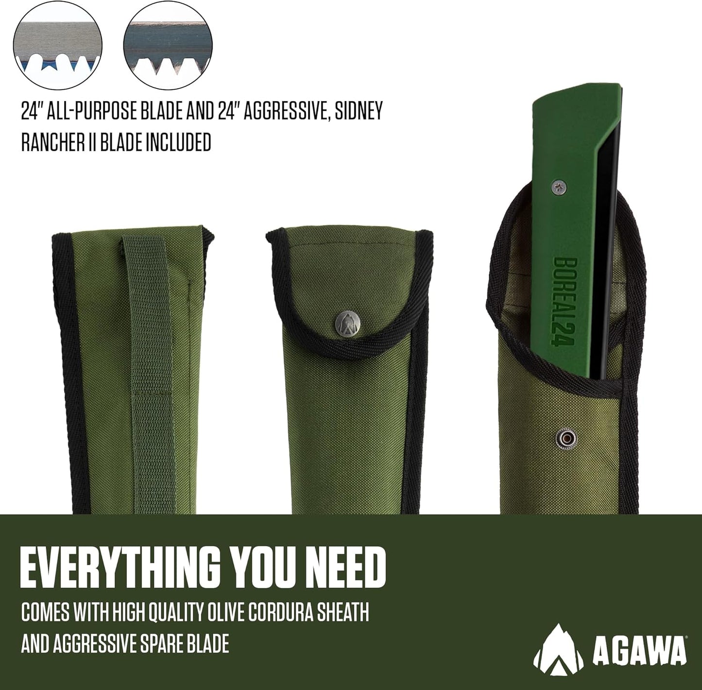 AGAWA - BOREAL24 Tripper Kit - Includes 24" Folding Saw, Nylon Carrying Case, 24" All-Purpose & 24" Aggressive Blade - For Camping, Hiking & Survival Gear (Black Frame/Green Handle)