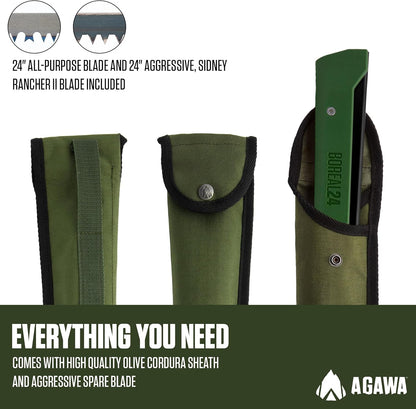 AGAWA - BOREAL24 Tripper Kit - Includes 24" Folding Saw, Nylon Carrying Case, 24" All-Purpose & 24" Aggressive Blade - For Camping, Hiking & Survival Gear (Black Frame/Green Handle)