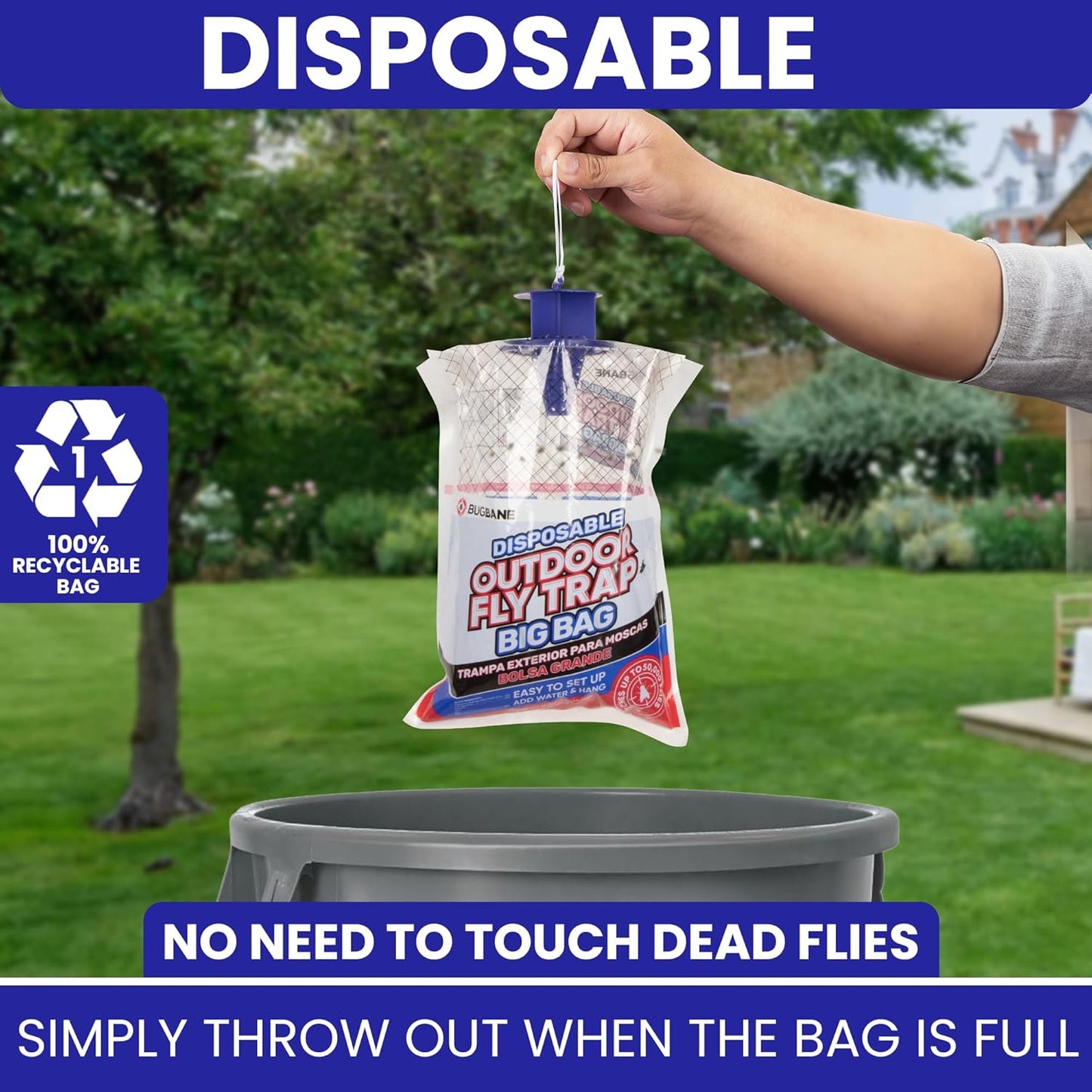 Fly Traps Outdoor Fly Trap for Patio. 4 Large Non-Toxic Pre-Baited Flies Bags Outdoor Disposable. Big Hanging Bug Catchers for All Filth Flies Killer for Outside Bug Control in Yard Horse Ranch