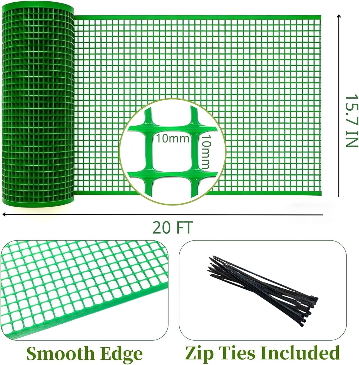 PotatoLife Plastic Wire Mesh Fence, Balcony Fence for Baby and Pets, Safety Fence, Stair Protector, Poultry, Garden, Tree Support, Durable Material, Free Zip Ties (Green, 15.7'' x 20')