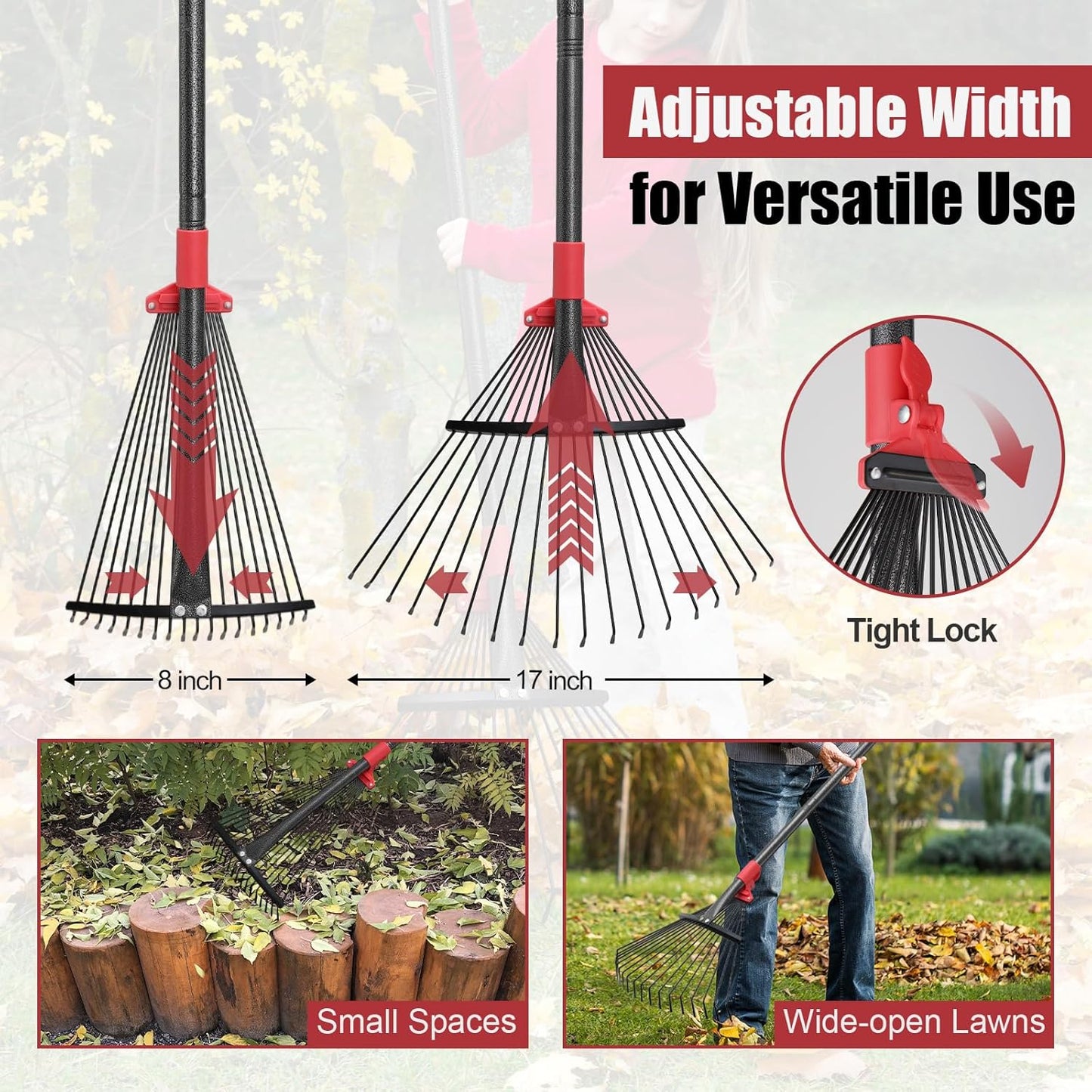 Garden Rake for Leaves: 55 Inch Adjustable Long Handle 18 Metal Tines with 8-17" Expandable Head Heavy Duty Metal Rake for Lawns Leaves Yard Grass Camping Debris