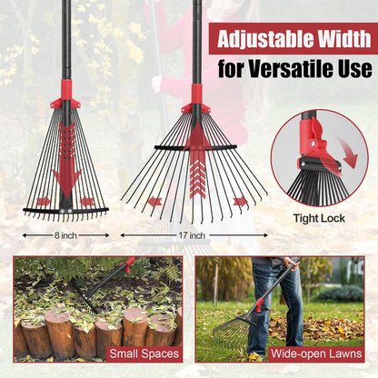 Garden Rake for Leaves: 55 Inch Adjustable Long Handle 18 Metal Tines with 8-17" Expandable Head Heavy Duty Metal Rake for Lawns Leaves Yard Grass Camping Debris