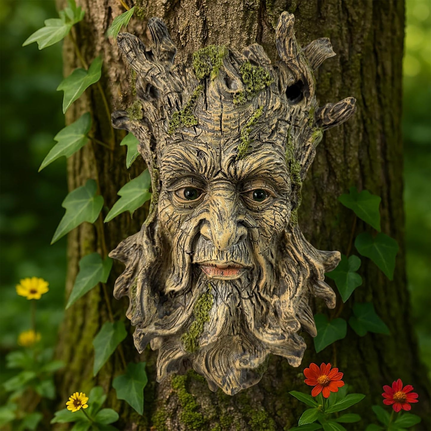 Moss Tree Face Sculpture, Funny Moss Cap Old Man Tree Hugger Statue, Indoor & Outdoor Creative Props for Garden and Home,9" x 7" x 2.4"