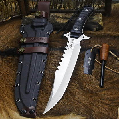 BA-KOR (15.8 inches) 5mm full Tang 9CR18MOV steel nylon fiber handle Bowie knife + sheath + (5.9 inches) cerium element striker, suitable for outdoor hunting, camping, survival, and daily carry of tools. (Sanding (full edge))