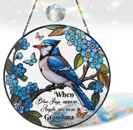 Custom Blue Jay Bird Stained Glass Sun Catcher Loving Memorial, Personalized Name, Dates & Quote