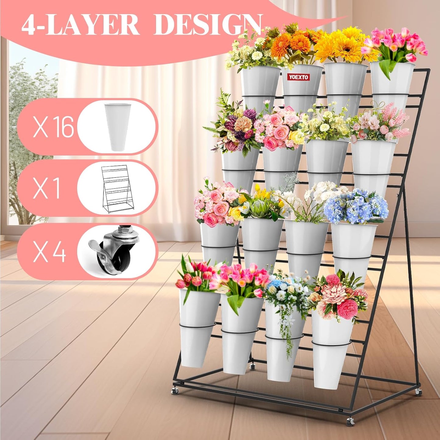 Flower Display Stand with Buckets, 4 Layers 16 PCS Plant Stand with Wheels, Movable Metal Plant Stand for Terrace Garden, Living Room, Florist Shop (Black Frame - White Buckets, 4-Tier)