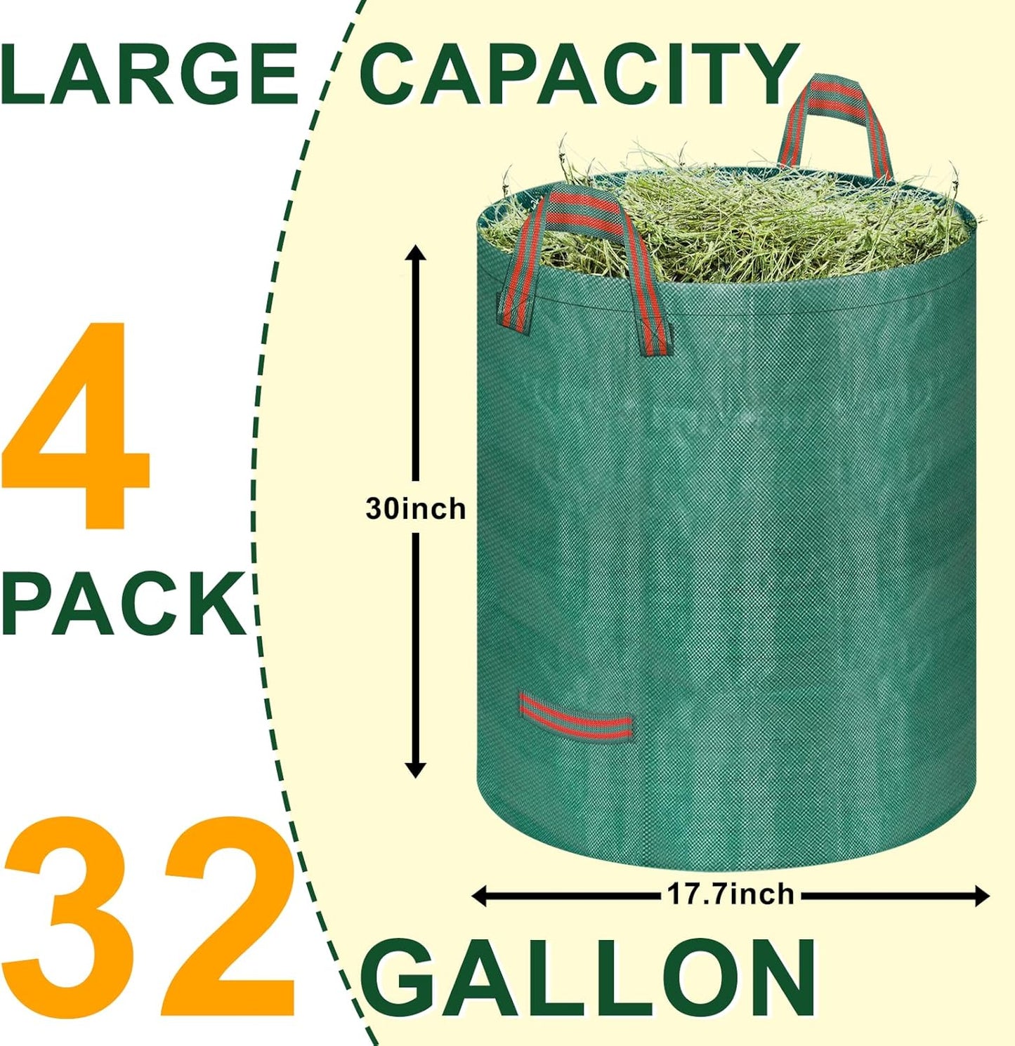 Remiawy Reusable Yard Waste Bags, 4 Packs 32 Gallons Lawn and Leaf Garden Bags Heavy Duty with 4 Handles, Collapsible Yard Waste Containers Camping Yard Recycling Bin for Debris Leaves Grass Clippings