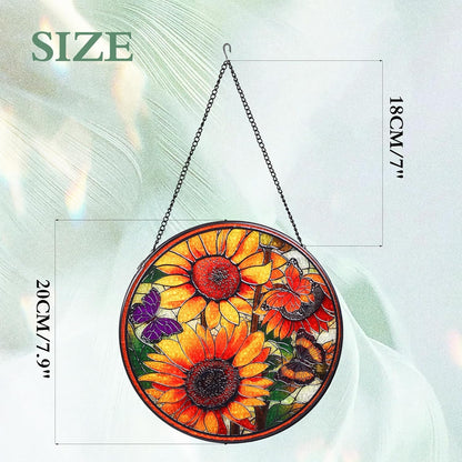 Sunflowers Handmade Stained Glass Window Hanging Suncatcher with Chain - 7.9" Outdoor/Indoor Art Decor for Home Garden, Wedding, Mother's, Valentine's & Christmas Ornaments Present