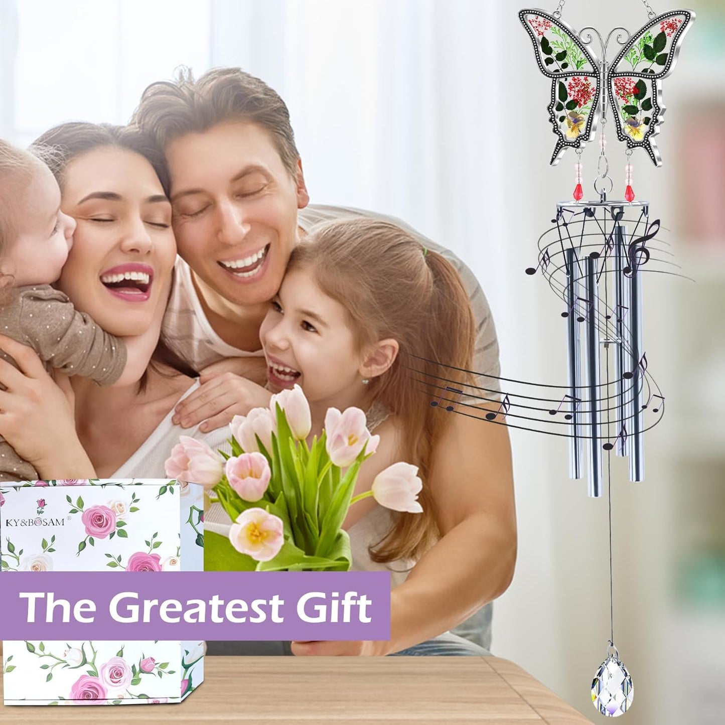 Butterflies Wind Chimes Glass Metal Real Flower and Multicolor 4 Tube Aluminum Windchime with S Hooks,Elegant Chime Outdoor, Garden,Balcony and Home Decoration with Wind Catcher Grandparent Day Gifts