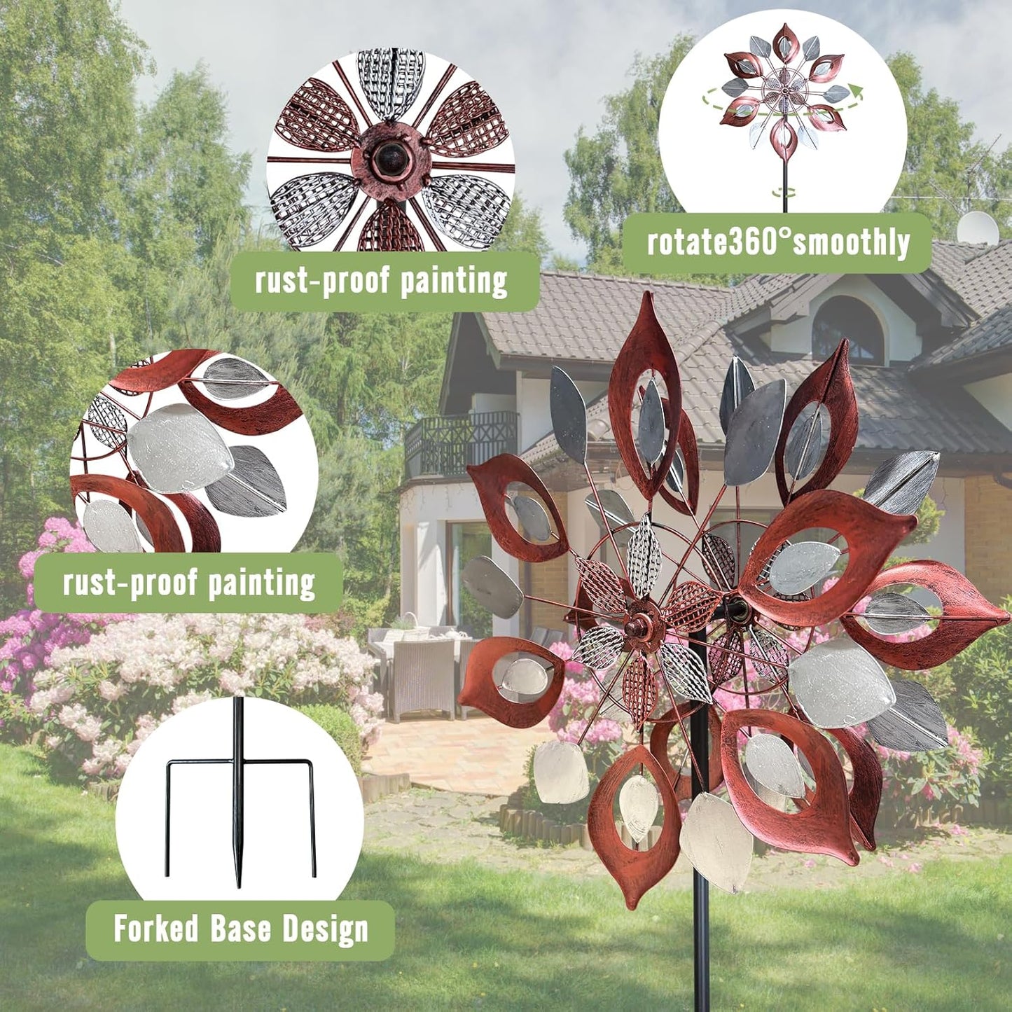 GUAGUA Classical Metal Wind Spinner Outdoor, 360 Degrees Swivel Wind Spinners for Yard and Garden, 74 in Wind Sculptures Willow Leaves Patio Decor (Red)