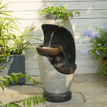 27.95''H Outdoor Garden Water Fountain, 2-Tier Bowl Shaped Floor - Standing Waterfall Fountain Indoor with LED Lights for Yard, Garden, Patio,Backyard & Home Decor