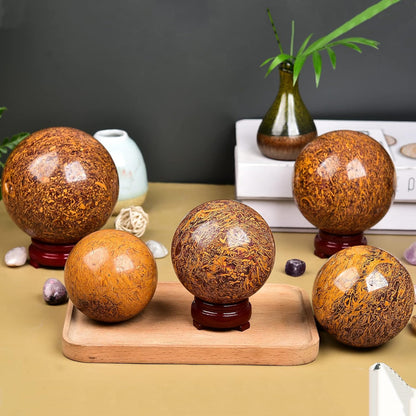 JIC Gem Real Natural Crystal Sphere Ball with Wooden Stand for Fengshui Golden Jade Healing Crystal Ball Decoation Meditation Energy Reiki Ball (90-100mm)